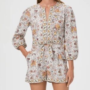 Paige Denim puglia romper in burgundy/cream multi, size 2, belted, button detail